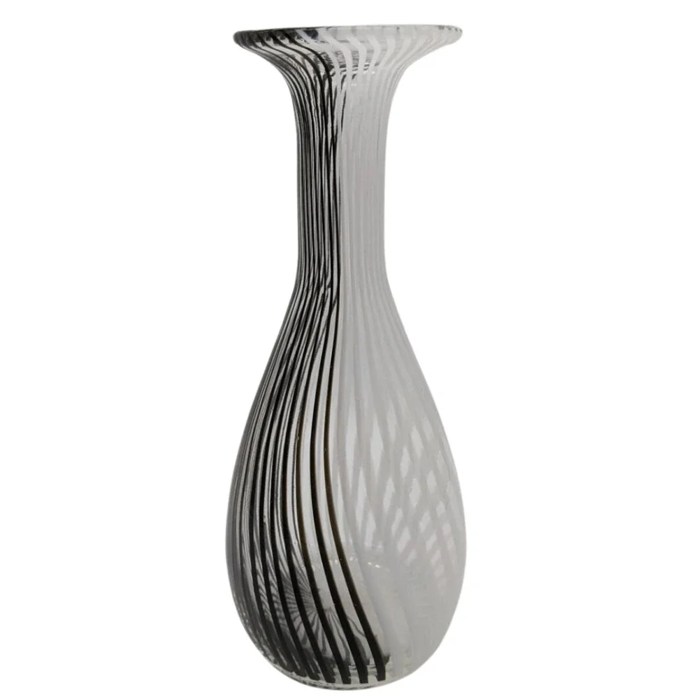 Hand Blown Filigrana Canned Glass Vase Black White Stripe Dino Martens-Like 11.5